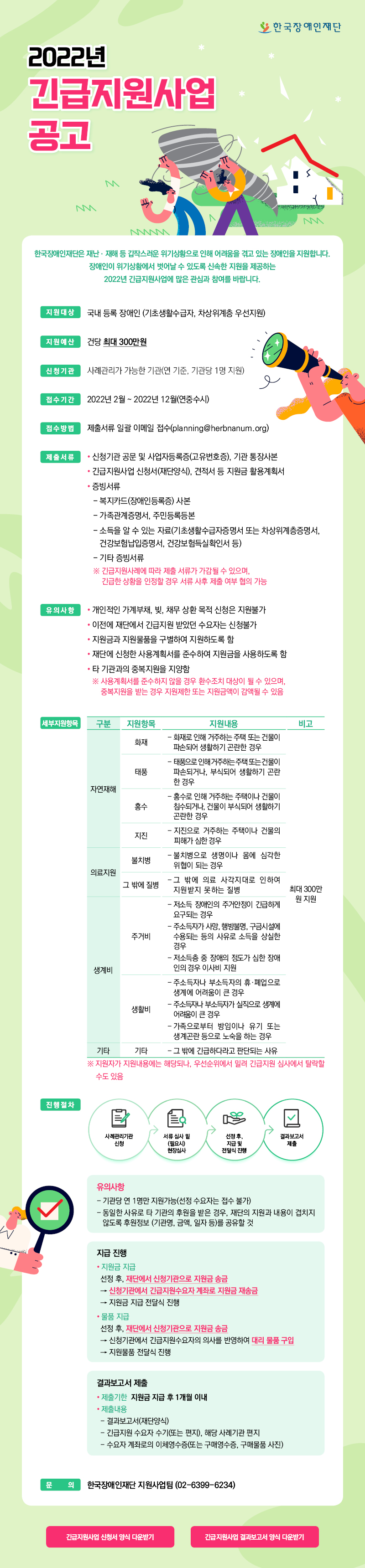 2022년 긴급지원사업 공고 
한국장애인재단은 재난․재해 등 갑작스러운 위기상황으로 인해 어려움을 겪고 있는 장애인을 지원합니다. 장애인이 위기상황에서 벗어날 수 있도록 신속한 지원을 제공하는 2022년 긴급지원사업에 많은 관심과 참여를 바랍니다.

 ◦ 지원대상 : 국내 등록 장애인 (기초생활수급자, 차상위계층 우선지원)
 ◦ 지원예산 : 건당 최대 300만원
 ◦ 신청기관 : 사례관리가 가능한 기관(연 기준, 기관당 1명 지원)
 ◦ 접수기간 : 2022년 2월 ~ 2022년 12월(연중수시)
 ◦ 접수방법 : 제출서류 일괄 이메일 접수(planning@herbnanum.org)
 ◦ 제출서류 : 1) 신청기관 공문 및 사업자등록증(고유번호증), 기관 통장사본
              2) 긴급지원사업 신청서(재단양식), 견적서 등 지원금 활용계획서
              3) 증빙서류
               - 복지카드(장애인등록증) 사본
               - 가족관계증명서, 주민등록등본
               - 소득을 알 수 있는 자료(기초생활수급자증명서 또는 차상위계층증명서, 건강보험납입증명서, 건강보험득실확인서 등)
               - 기타 증빙서류
                ※ 긴급지원사례에 따라 제출 서류가 가감될 수 있으며, 긴급한 상황을 인정할 경우 서류 사후 제출 여부 협의 가능
 ◦ 유의사항 : 1) 개인적인 가계부채, 빚, 채무 상환 목적 신청은 지원불가
              2) 이전에 재단에서 긴급지원 받았던 수요자는 신청불가
              3) 지원금과 지원물품을 구별하여 지원하도록 함
              4) 재단에 신청한 사용계획서를 준수하여 지원금을 사용하도록 함
              5) 타 기관과의 중복지원을 지양함
                ※ 사용계획서를 준수하지 않을 경우 환수조치 대상이 될 수 있으며, 중복지원을 받는 경우 지원제한 또는 지원금액이 감액될 수 있음
 ◦ 세부지원항목
[자연재해]
- 화재 : 화재로 인해 거주하는 주택 또는 건물이 파손되어 생활하기 곤란한 경우
- 태풍 : 태풍으로 인해 거주하는 주택 또는 건물이 파손되거나, 부식되어 생활하기 곤란한 경우
- 홍수 : 홍수로 인해 거주하는 주택이나 건물이 침수되거나, 건물이 부식되어 생활하기 곤란한 경우
- 지진 : 지진으로 거주하는 주택이나 건물의 피해가 심한 경우
[의료지원]
- 불치병 : 불치병으로 생명이나 몸에 심각한 위협이 되는 경우 
- 그 밖에 질병 : 그 밖에 의료 사각지대로 인하여 지원받지 못하는 질병
[생계비]
- 주거비 : 저소득 장애인의 주거안정이 긴급하게 요구되는 경우, 주소득자가 사망, 행방불명, 구금시설에 수용되는 등의 사유로 소득을 상실한 경우, 저소득층 중 장애의 정도가 심한 장애인의 경우 이사비 지원
- 생활비 : 주소득자나 부소득자의 휴·폐업으로 생계에 어려움이 큰 경우, 주소득자나 부소득자가 실직으로 생계에 어려움이 큰 경우, 가족으로부터 방임이나 유기 또는 생계곤란 등으로 노숙을 하는 경우
- 기타 : 그 밖에 긴급하다라고 판단되는 사유
※ 최대 300만원 지원
※ 지원자가 지원내용에는 해당되나, 우선순위에서 밀려 긴급지원 심사에서 탈락할수도 있음
 ◦ 진행절차
사례관리기관 신청→서류 심사 및 (필요시)현장심사→선정 후, 지급 및 전달식 진행→결과보고서 제출

유의사항
- 기관당 연 1명만 지원가능(선정 수요자는 접수 불가)
- 동일한 사유로 타 기관의 후원을 받은 경우, 재단의 지원과 내용이 겹치지 않도록 후원정보(기관명, 금액, 일자 등)를 공유할 것
지급 진행
<지원금 지급 > 
선정 후, 재단에서 신청기관으로 지원금 송금 → 신청기관에서 긴급지원수요자 계좌로 지원금 재송금 → 지원금 지급 전달식 진행

<물품 지급>
선정 후, 재단에서 신청기관으로 지원금 송금 → 신청기관에서 긴급지원수요자의 의사를 반영하여 대리 물품 구입 → 지원물품 전달식 진행

결과보고서 제출
지원금 지급 후 1개월 이내에 결과보고서(재단양식), 긴급지원 수요자 수기(또는 편지), 해당 사례기관 편지, 수요자 계좌로의 이체영수증(또는 구매영수증, 구매물품 사진) 제출