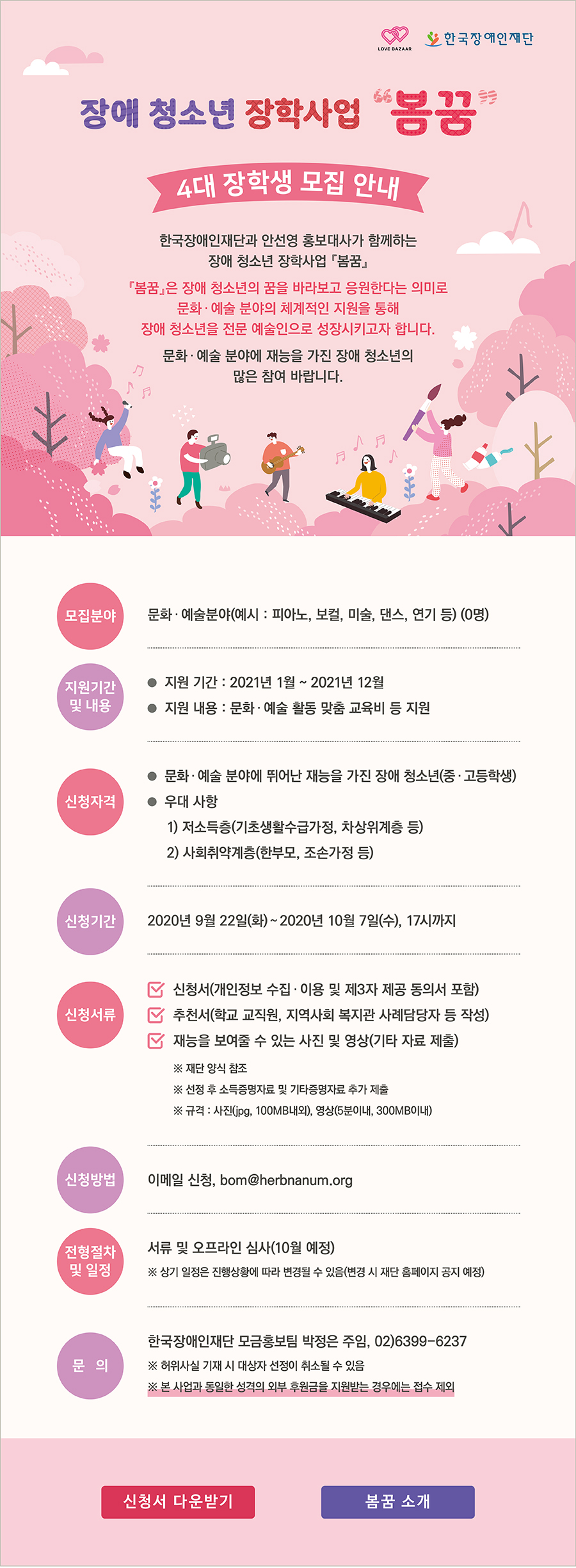 
장애 청소년 장학사업 『봄꿈』
4대 장학생 모집 안내

안선영 홍보대사의 후원으로 한국장애인재단은 장애 청소년 장학사업 『봄꿈』을 진행하고 있습니다. 『봄꿈』은 장애가 차별의 이유가 되지 않게 문화∙예술 분야의 
체계적인 지원을 통해 장애 청소년을 전문 예술인으로 성장시키고자 합니다. 
문화∙예술 분야에 재능을 가진 장애 청소년의 많은 참여 바랍니다.

■ 모집분야 : 문화∙예술분야(예시 : 피아노, 보컬, 미술, 댄스, 연기 등) (0명)

■ 지원기간 및 내용
  ◇ 지원 기간 : 2021년 1월 ~ 2021년 12월
  ◇ 지원 내용 : 문화∙예술 활동 맞춤 교육비 등 지원

■ 신청자격 
  ◇ 문화∙예술 분야에 뛰어난 재능을 가진 장애 청소년(중∙고등학생)
  ◇ 우대 사항 
    1) 저소득층(기초생활수급가정, 차상위계층 등)
    2) 사회취약계층(한부모, 조손가정 등)

■ 신청기간 : 2020년 9월 22일(화)~2020년 10월 7일(수), 17시까지

■ 신청서류(재단 양식 참조)
  1. 신청서(개인정보 수집∙이용 및 제3자 제공 동의서 포함)
  2. 추천서(학교 교직원, 지역사회 복지관 사례담당자 등 작성)
  3. 재능을 보여줄 수 있는 사진 및 영상(기타 자료 제출)
   ※ 선정 후 소득증명자료 및 기타증명자료 추가 제출
   ※ 규격 : 사진(jpg, 100MB내외), 영상(5분이내, 300MB이내)

■ 신청방법 : 이메일 신청, bom@herbnanum.org

■ 전형절차 및 일정 : 서류 및 오프라인 심사(10월 예정)
  ※ 상기 일정은 진행상황에 따라 변경될 수 있음(변경 시 재단 홈페이지 공지 예정)

■ 문의 : 한국장애인재단 모금홍보팀 박정은 주임, 02)6399-6237
  ※ 허위사실 기재 시 대상자 선정이 취소될 수 있음
  ※ 본 사업과 동일한 성격의 외부 후원금을 지원받는 경우에는 접수 제외
