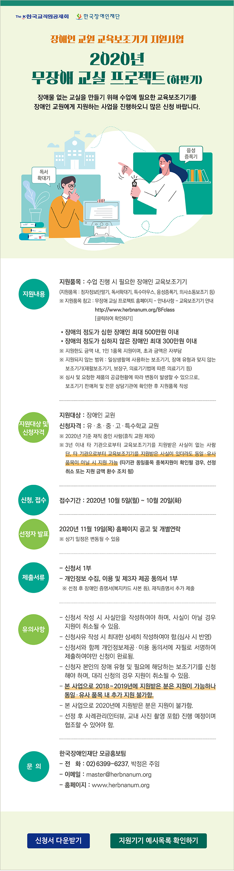장애인 교원 교육보조기기 지원사업
‘2020년 무장애 교실 프로젝트(하반기)’ 안내

한국장애인재단은 한국교직원공제회와 함께 장애인 교원의 교육환경과 
편의를 개선하기 위해 교육보조기기 지원사업을 진행하오니 많은 신청 바랍니다. 


지원내용
지원내용 : 수업 시 필요한 장애인 교육보조기기
  (지원품목 : 점자정보단말기, 독서확대기, 특수마우스, 음성증폭기, 의사소통보조기 등)
장애의 정도가 심한 장애인 500만원 이내, 장애의 정도가 심하지 않은 장애인 300만원 이내

※ 지원한도 금액 내 1인 1품목 지원, 초과 금액 자부담
※ 지원품목 참고 : 무장애 교실 프로젝트 홈페이지 - 안내사항 - 교육보조기기 안내
                  (http://www.herbnanum.org/BFclass/inform_equip.asp)
※ 지원되지 않는 범위 : 일상생활에 사용하는 보조기기, 장애유형과 맞지 않는 보조기기                   (재활보조기기, 보장구, 의료기기법에 따른 의료기기 등)
※ 심사 및 요청한 제품의 공급현황에 따라 변동이 발생할 수 있으므로, 보조기기 판매처 및 전문 상담기관에 확인한 후 정확한 지원품목과 상세설명 작성 필요
※ 선정 후 지원제품 단종 시 유사 제품으로 변경될 수 있음
지원대상
장애인 교원
신청자격 
유치원 · 초등학교 · 중학교 · 고등학교· 특수학교 교원
※ 2020년 기준 재직 중인 사람(휴직 교원 제외)
※ 3년 이내 타 기관으로부터 교육보조기기를 지원받은 사실이 없는 사람 
  단, 타 기관으로부터 교육보조기기를 지원받은 사실이 있더라도 동일∙유사 품목이 아닐 시 지원 가능
　　(타기관 동일품목 중복지원이 확인될 경우, 선정 취소 또는 지원 금액 환수 조치 됨)
접수기간
2020년 10월 5일(월) ~ 10월 20일(화), 16일간
접수방법
신청서 작성 후, 제출서류와 함께 제출
이메일,: master@herbnanum.org
선정자발표
2020년 11월 19일(목), 홈페이지 공고 및 개별연락
※ 상기 일정은 변동될 수 있음
제출서류
가. 신청서 1부
나. 개인정보 수집, 이용 및 제3자 제공 동의서 1부
※ 선정 후 장애인 증명서류(복지카드 사본 등), 재직증명서 등 추가 제출
유의사항
가. 신청서 작성 시 사실만을 작성하여야 하며, 사실이 아닐 경우 지원이 취소될 수 있음
나. 신청 사유 작성 시 최대한 상세히 각 문항당 5줄 이상 작성하여야 함(심사 시 반영)
다. 신청서와 함께 개인정보 제공·이용 동의서에 자필로 서명(서명 그림파일 삽입 불가)하여 제출하여야만 신청이 완료됨
라. 신청자 본인의 장애 유형 및 필요에 해당하는 보조기기를 신청해야 하며, 대리 신청의 경우 지원이 취소될 수 있음
마. 본 사업으로 2018~2020년에 지원받은 분은 지원이 가능하나 동일∙유사 품목 내 추가 지원 불가함
바. 선정 후 사례관리(인터뷰, 교내 사진 촬영 포함) 진행 예정이며 협조할 수 있어야 함
문의
한국장애인재단 모금홍보팀, 박정은 주임
· 전화 : 02)6399-6237  · 이메일 : master@herbnanum.org  
· 홈페이지 : www.herbnanum.org

 ※ 신청서류는 한국장애인재단 홈페이지에서 다운로드 가능

버튼
신청서 다운받기
지원기기 예시목록 확인하기


 