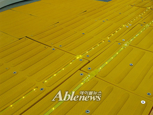 약시 시각장애인이나 노인들을 위해 유도등이 설치돼 있는 보도블록이 제6회 전국장애인단체활동가대회 참석자들의 눈길을 사로잡았다. ⓒ에이블뉴스 